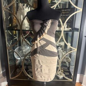 Arden B Cream and Brown Asymmetrical Bustier Cocktail Dress